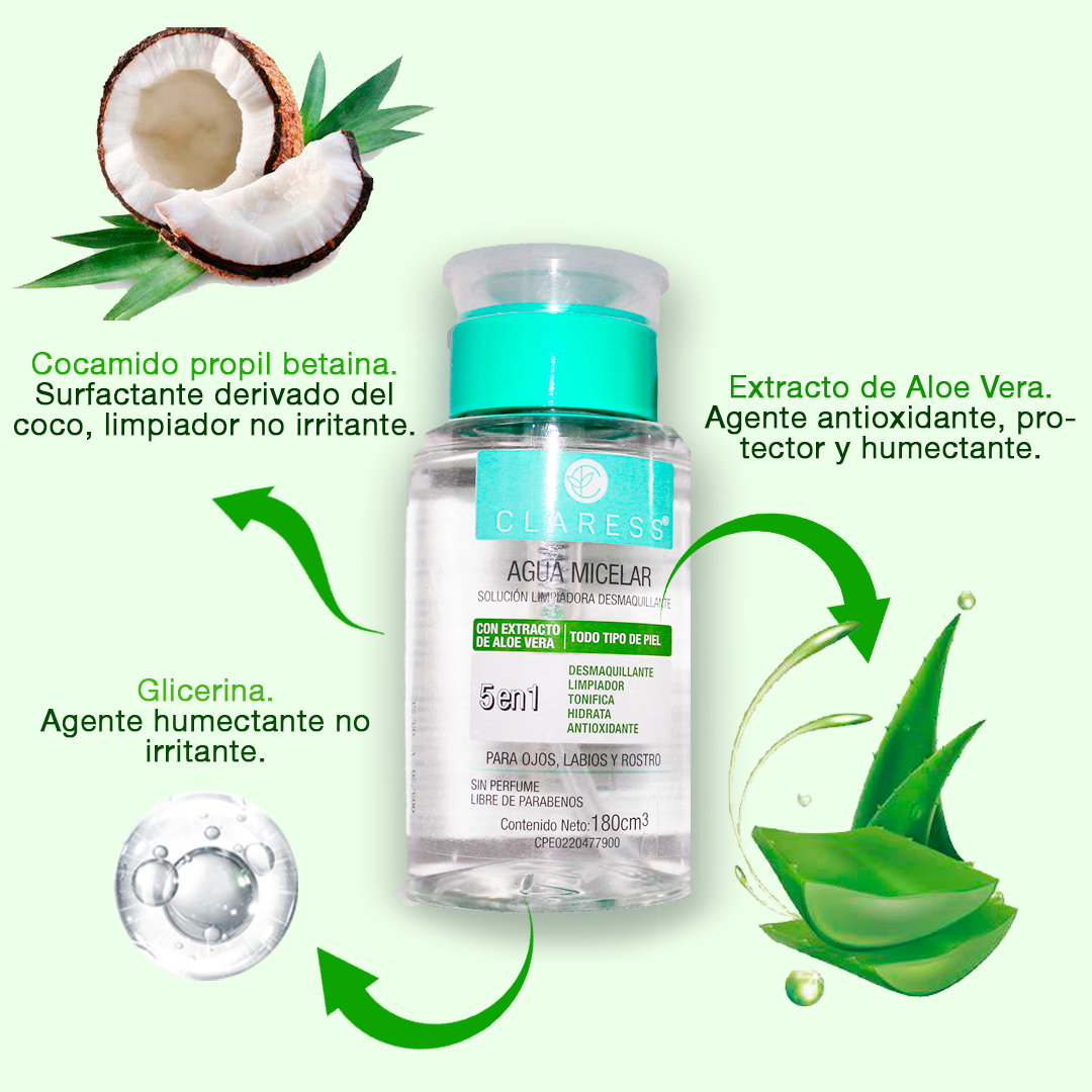 Claress Agua Micelar de Aloe Vera – Para Piel Seca o Reactiva