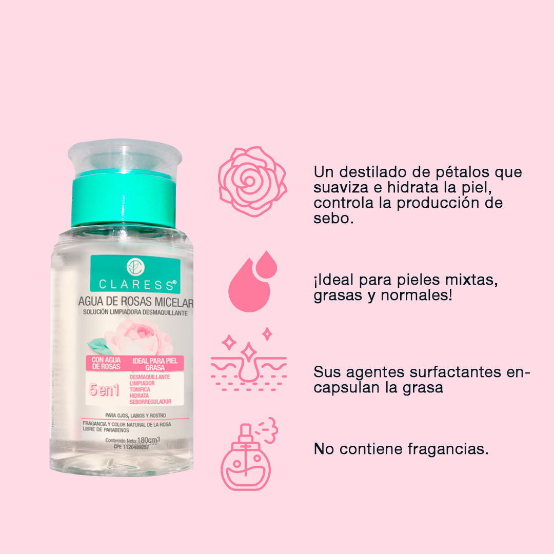 Agua de Rosas Micelar Claress – Limpieza Suave y Seborreguladora