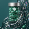 Jar of green serum with a silver lid on a teal background